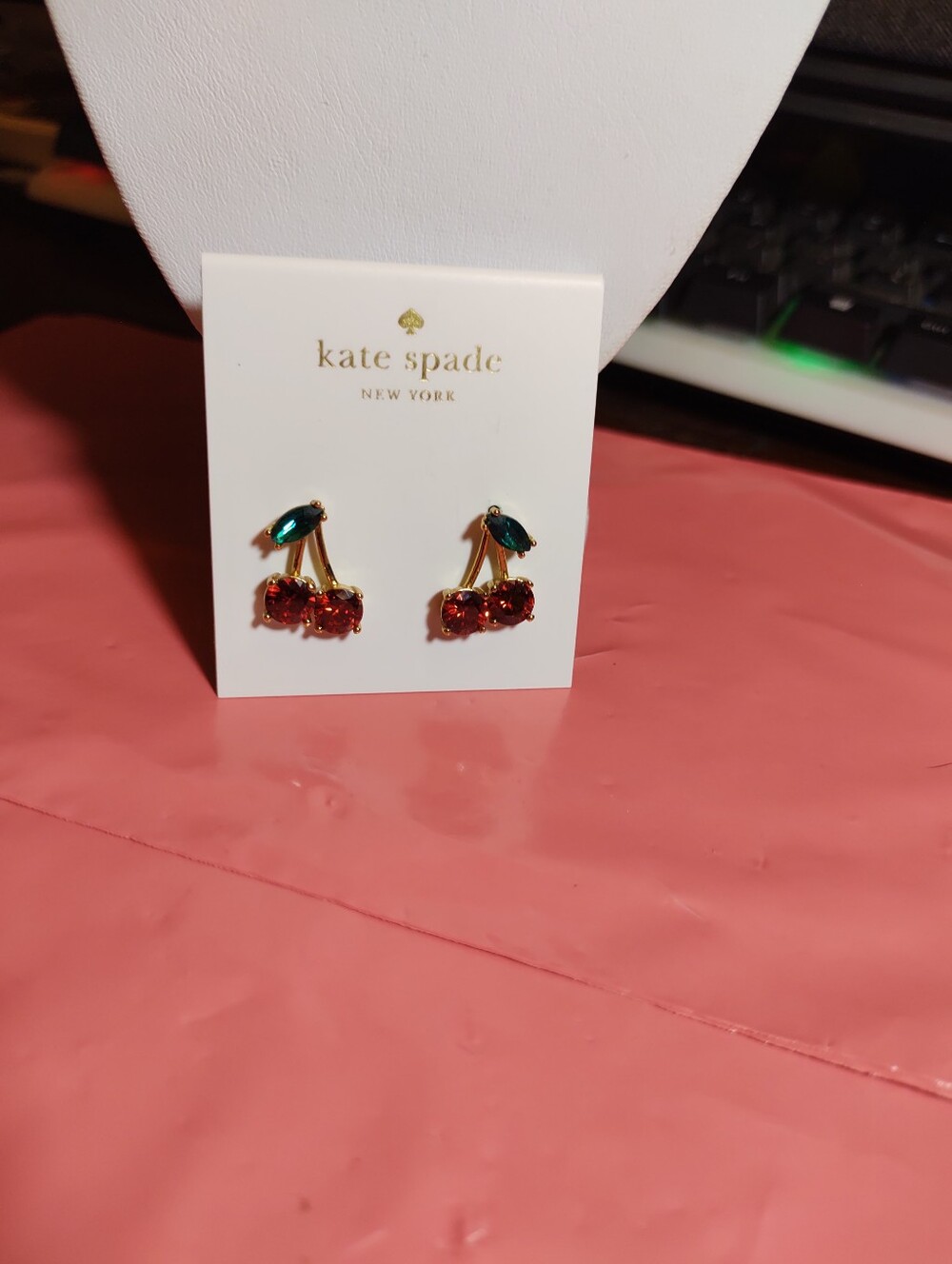 kate spade gold-tone red cherry and green leaf stud earrings